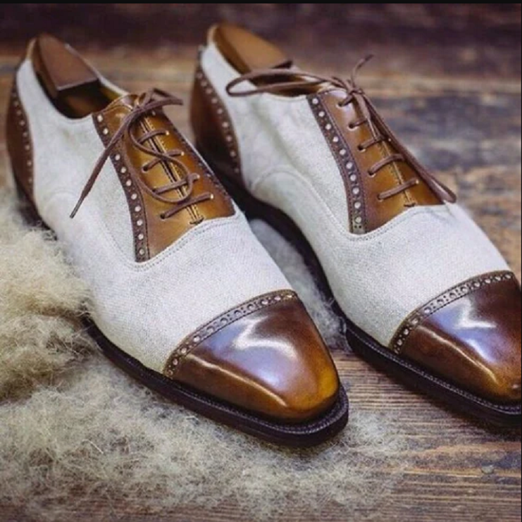 Men's Handmade Shoes Linings White Fabric & Calf Leather Oxford Formal Lace up