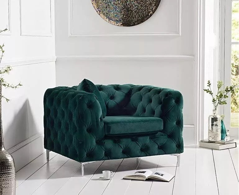 Green Armchair Velvet Fabric Comfy Wood Chrome Chairs for Dining Living Room