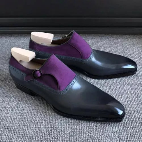 Men Shoes Handmade Leather Black and Purple Suede Monk Formal Casual Party Shoe