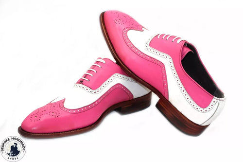 Men's Shoes Handmade Pink and White Brogue Wing's Tip Leather Oxford Whole-cut