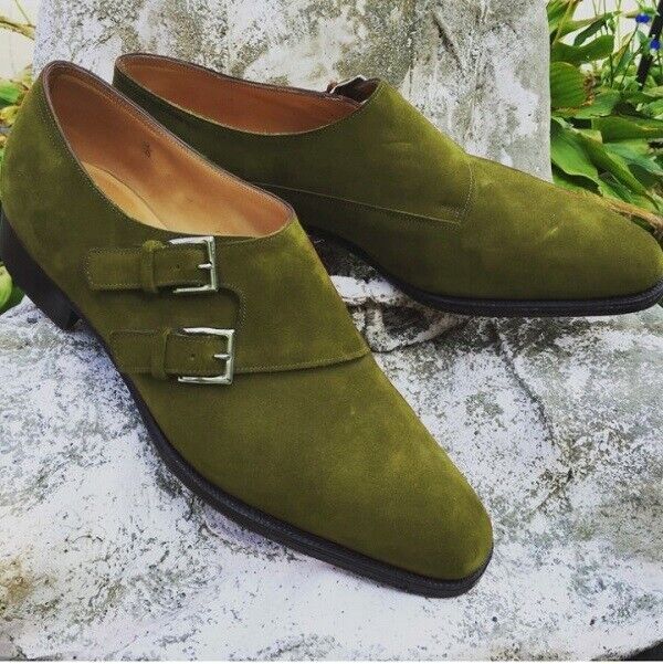 Men's Shoes Handmade Formal Casual Olive Green Suede Double Monk Strap