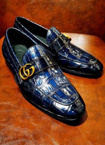 Men's Shoes Handmade Blue Alligator Print Leather Moccasin Slip On Party Wear