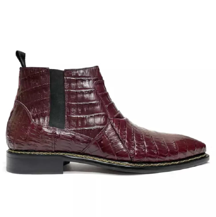 Men's Shoes Handmade Bordo Crocodile Print Leather Chelsea Formal Casual Boots