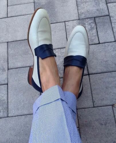 Men's Shoes Handmade Leather Two Tone Formal Casual Loafers Blue and White