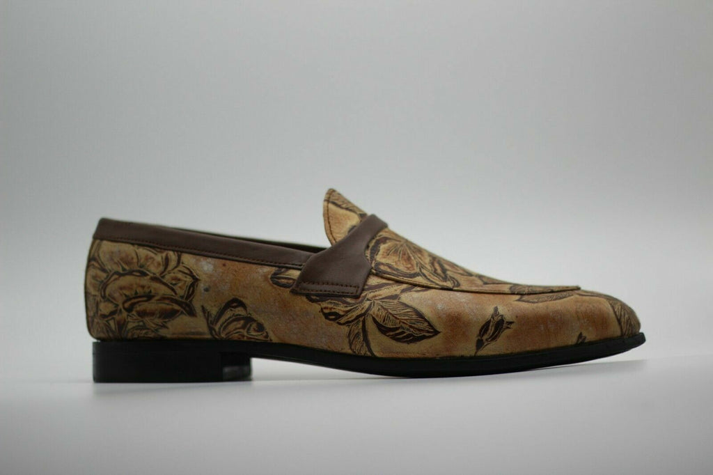 Men Handmade Shoes Genuine Printed Tan Leather Loafers & Slip On Casual Dress