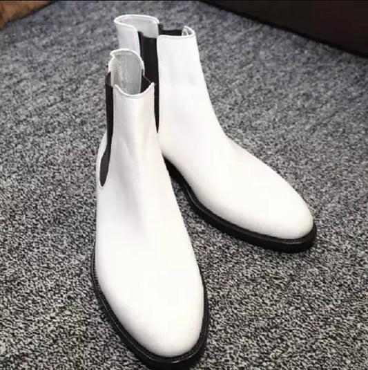 Men's Shoes Handmade Leather Custom Made Slip On White & Black Chelsea Boots