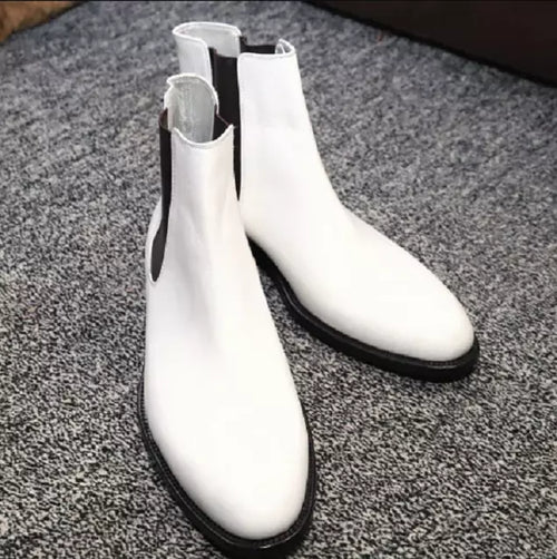 Men's Shoes Handmade Leather Custom Made Slip On White & Black Chelsea Boots