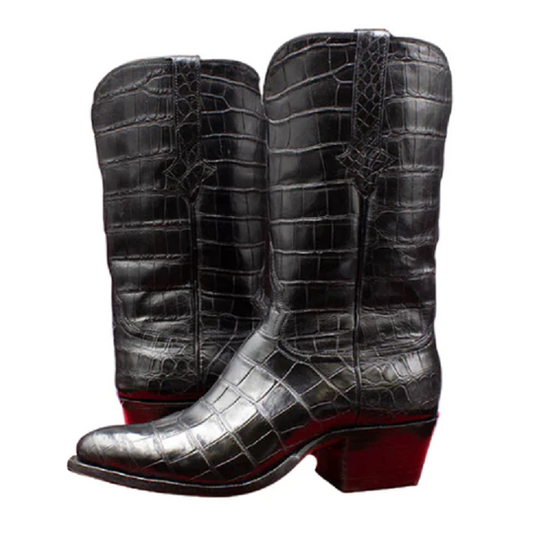 Men's Shoes Handmade Leather Handcrafted American Alligator Cowboy Black Matte