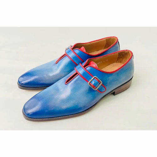 Handmade Men's Goodyear Welted Genuine Sky Blue Leather Monk Strap Formal Shoes