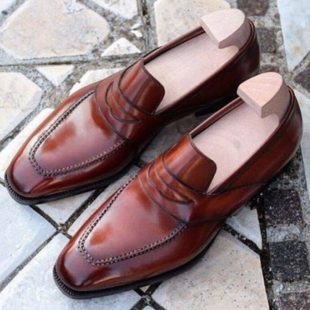 Handmade Men's New Brown Leather Moccasins Formal Dress Shoes UK Size