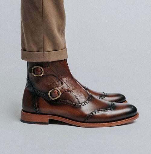 Handmade Dark Brown Monk Strap Boots Genuine Leather Formal Dress Wear Shoes