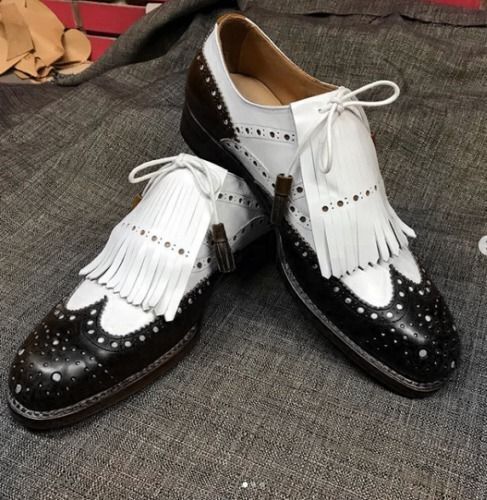 Men Leather shoes Handmade western fringe wingtip brogue black & white