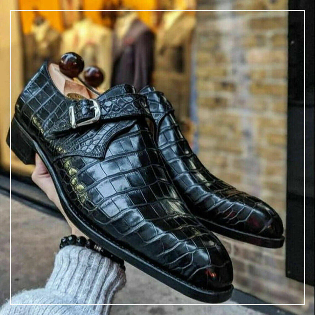 Handmade Black Crocodile Texture Single Monk Strap Leather Boots for Men