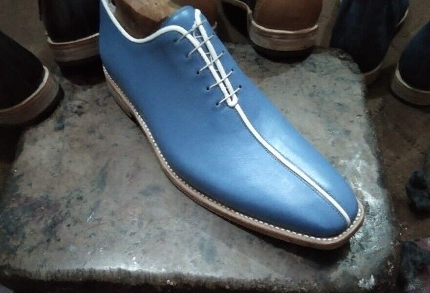 Men's Shoes Handmade Leather Blue Derby Lace Up Formal Dress Casual Wear Boots