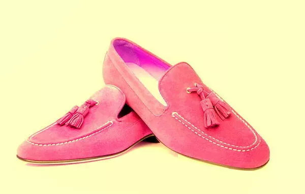 Men Shoes Handmade Suede Leather Pink Color Tassel Loafers Slip On Matching Sole