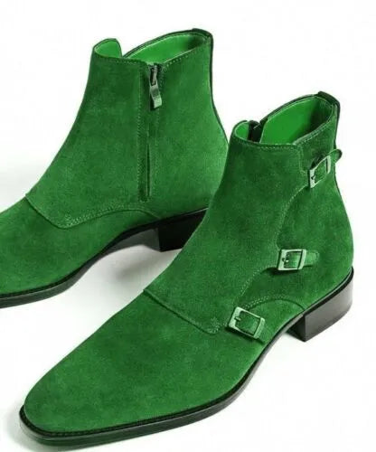 Formal Shoes Men's Green Suede Triple Buckle Monk Strap Premium Ankle Boots