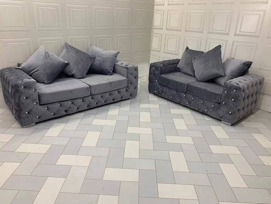 Ashton Chesterfield Sofa Grey Plush Velvet Fabric Luxury Style 3+2 SEATER