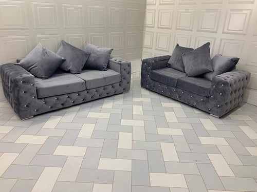 Ashton Chesterfield Sofa Grey Plush Velvet Fabric Luxury Style 3+2 SEATER