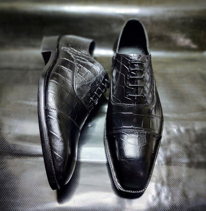 Men's Shoes Handmade Black Alligator Print Leather Toe Cap Lace Up Formal Boots