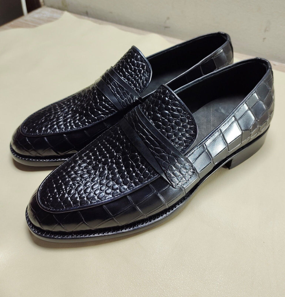 Handmade Men's Genuine Black Crocodile Print Leather Loafer Moccasin Dress Shoes