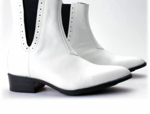 Men Handmade Boots White Cuban Heel Genuine Leather Formal Wear Casual Shoe New