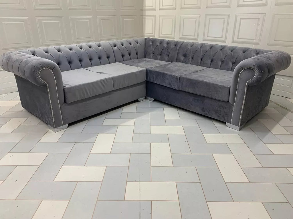 Chesterfield Style Grey Corner Sofa Set 3+2 Seater for Living Room Solid Wooden