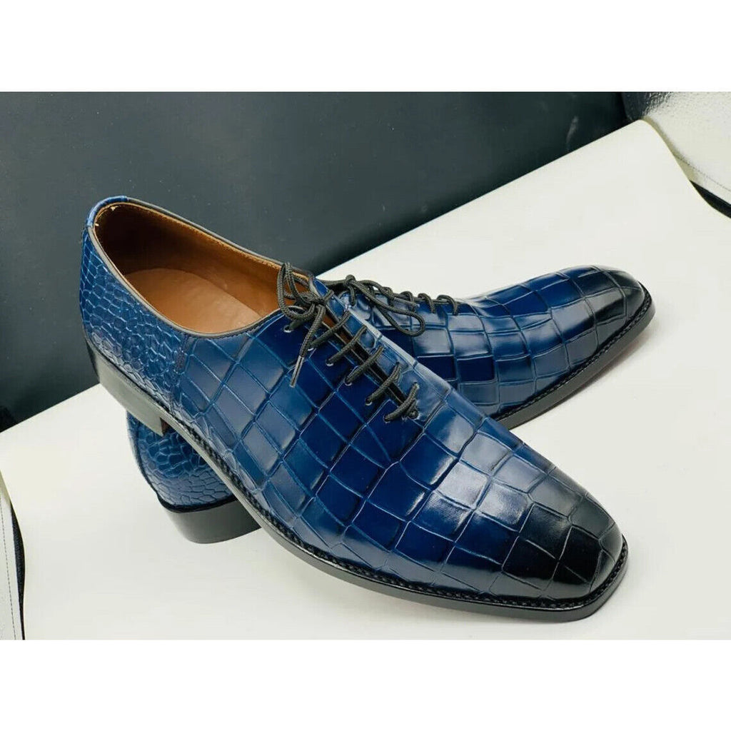 Men Handmade Texture Leather Dress Shoes Blue Alligator Formal Casual Boots