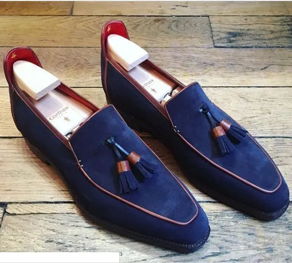 Handmade navy blue suede leather Formal Casual Tassels moccasin shoes for men