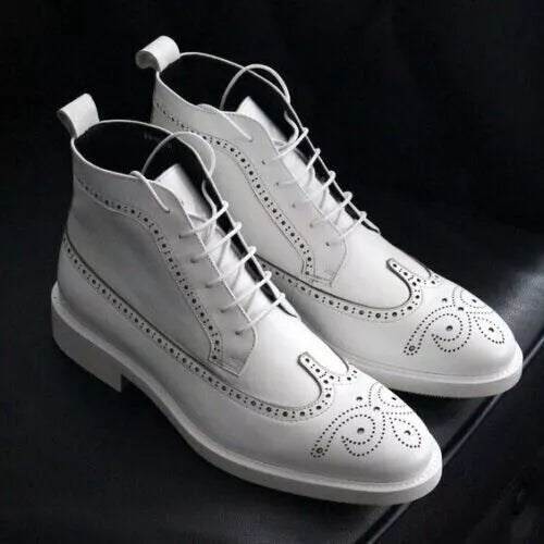 Men's Handmade Shoes White Leather Lace Up Wing Tip & Brogue Ankle High Boots