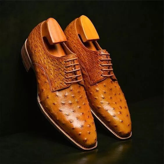 Men's Shoes Handmade Leather Tan Ostrich Print Derby Lace up Formal Casual Shoe