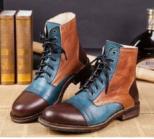 Men's Shoes Formal Handmade Leather Tan Brown Blue Lace Up Ankle High & Cap Toe