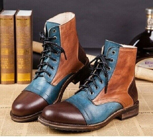 Men's Shoes Formal Handmade Leather Tan Brown Blue Lace Up Ankle High & Cap Toe