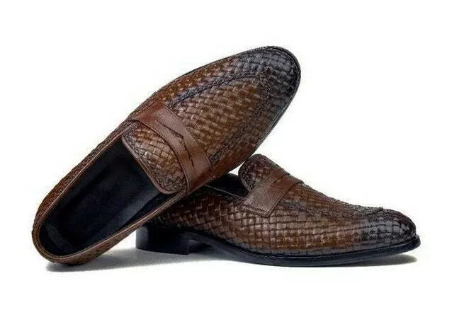 Men Shoes Handmade Leather Brown Woven Chitai Mat Moccasin Slip On Round Boots