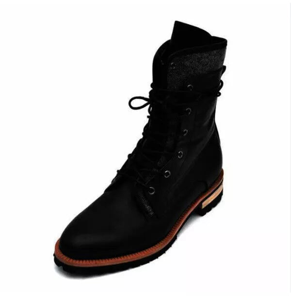 Men's Shoes Handmade Black Leather Biker Military Style Lace up Boots