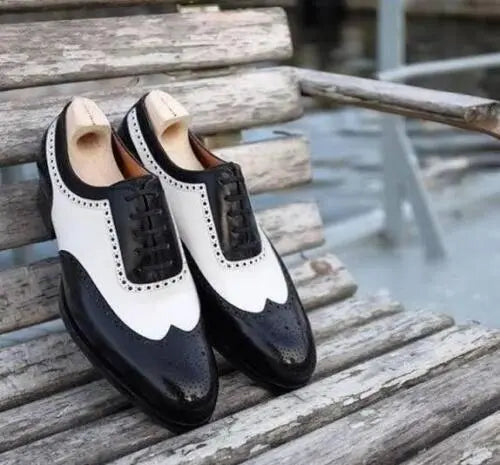 Formal Shoes Black & White Leather Bespoke Oxford Lace Up Wingtip Dress Shoe