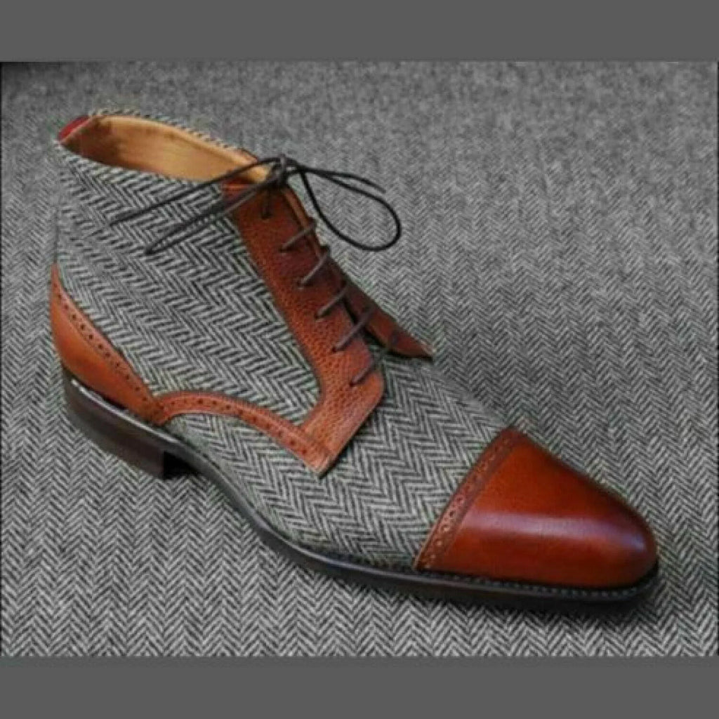 Men's Handmade Shoes Two Tone Grey & Brown Ankle Formal Wear Casual Dress Boots