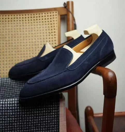 Men Shoes Handmade Leather Navy Blue Suede Moccasin Casual Slip On Loafer Shoe