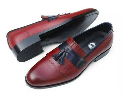 Men's Shoes Handmade Leather Red and Blue Tassel Formal Casual Loafer Shoe