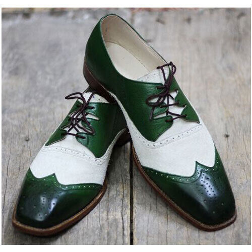Handmade Men's Genuine Dark Green and White Leather Derby Lace up Wingtip Shoes