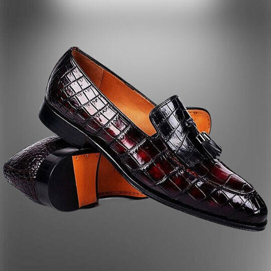 Handmade Burgundy Alligator Print Leather Slip On Tassel Dress Formal Mens Shoes