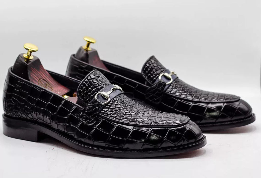 Handmade Black Alligator Textured Loafers Luxury Slip on Dress Shoes for Men