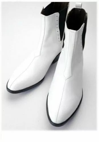 Men Handmade Boots White Cuban Heel Genuine Leather Formal Wear Casual Shoe New