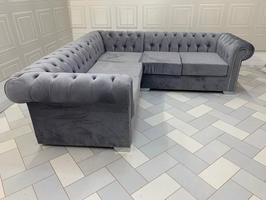 Chesterfield Style Grey Corner Sofa Set 3+2 Seater for Living Room Solid Wooden