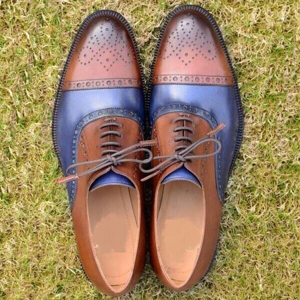 Handmade Men Brown & Blue Leather Brogue Smart Lace up Formal Dress Shoes