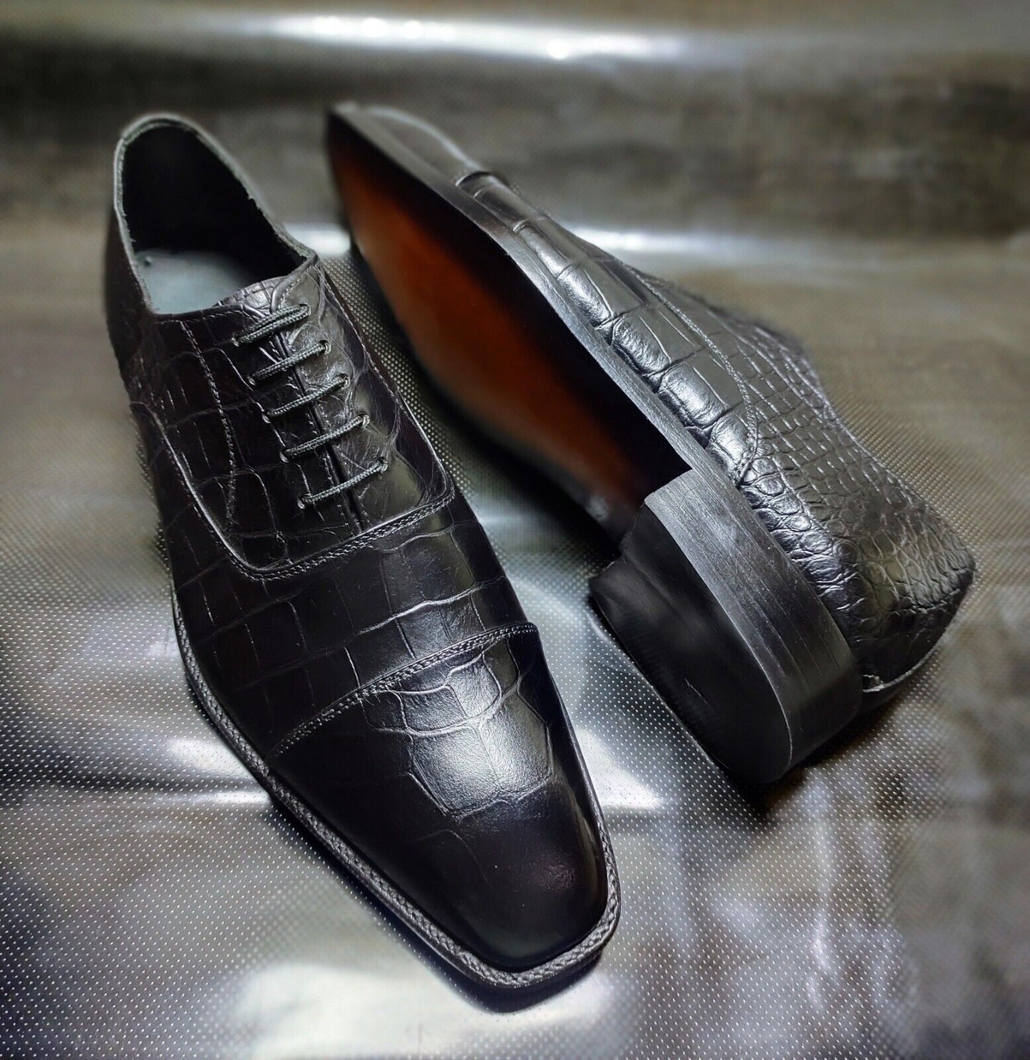 Men's Shoes Handmade Black Alligator Print Leather Toe Cap Lace Up Formal Boots