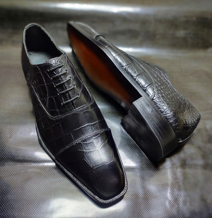 Men's Shoes Handmade Black Alligator Print Leather Toe Cap Lace Up Formal Boots