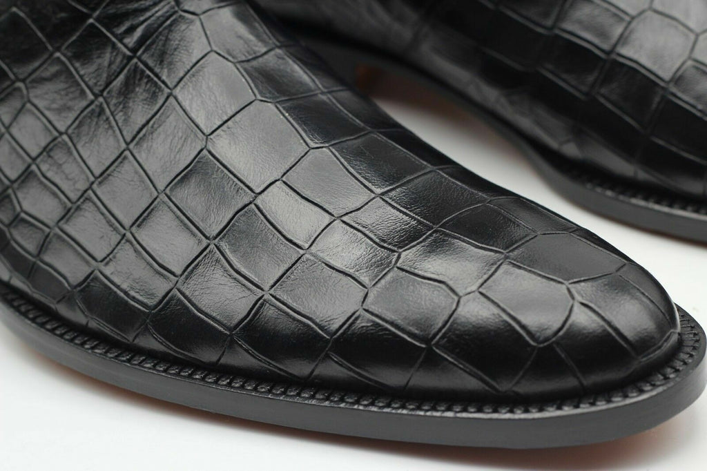 Handmade Men's Genuine Black Calf Leather Crocodile Print Casual Chelsea Boots