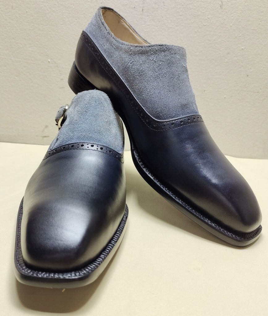 Handmade Men's Genuine Grey Suede and Black Leather Monk Strap Formal Shoes