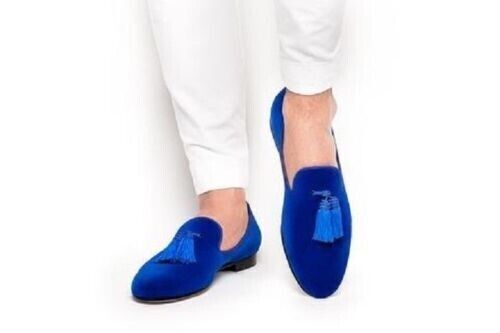 Handmade Mens Royal Blue Tassels Loafer Velvet Suede Leather Formal Dress Shoes