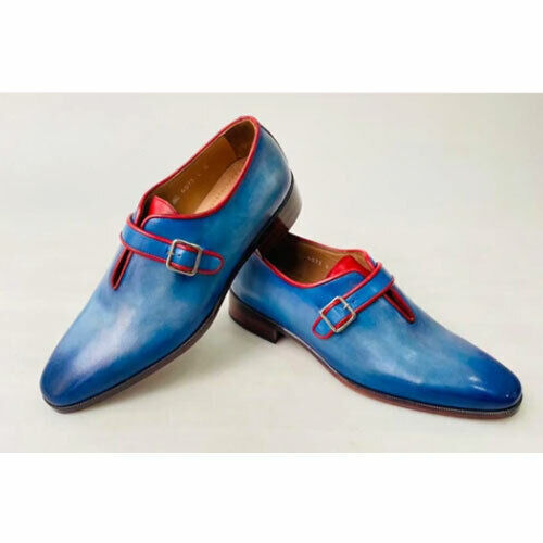 Handmade Men's Goodyear Welted Genuine Sky Blue Leather Monk Strap Formal Shoes